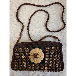 Handmade Brown Crochet Coconut Shell Beaded‎ Flower Small Crossbody Bag Resort